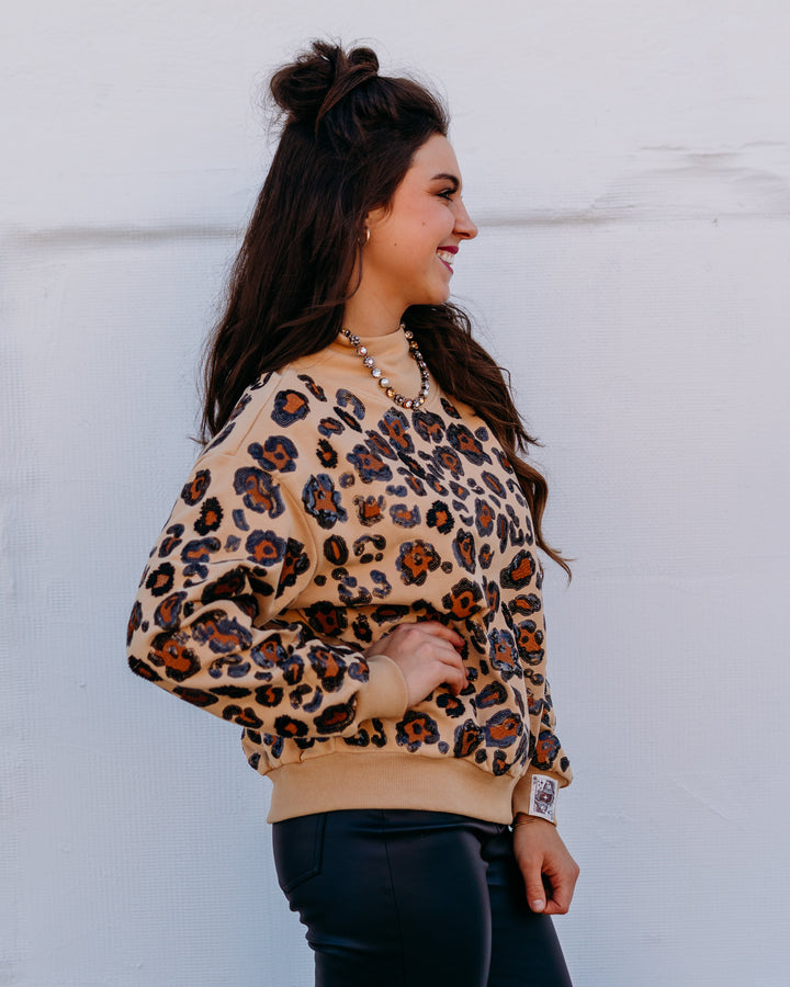 Queen of Sparkles: Tan, Brown, & Black Leopard Mock Neck Sweatshirt