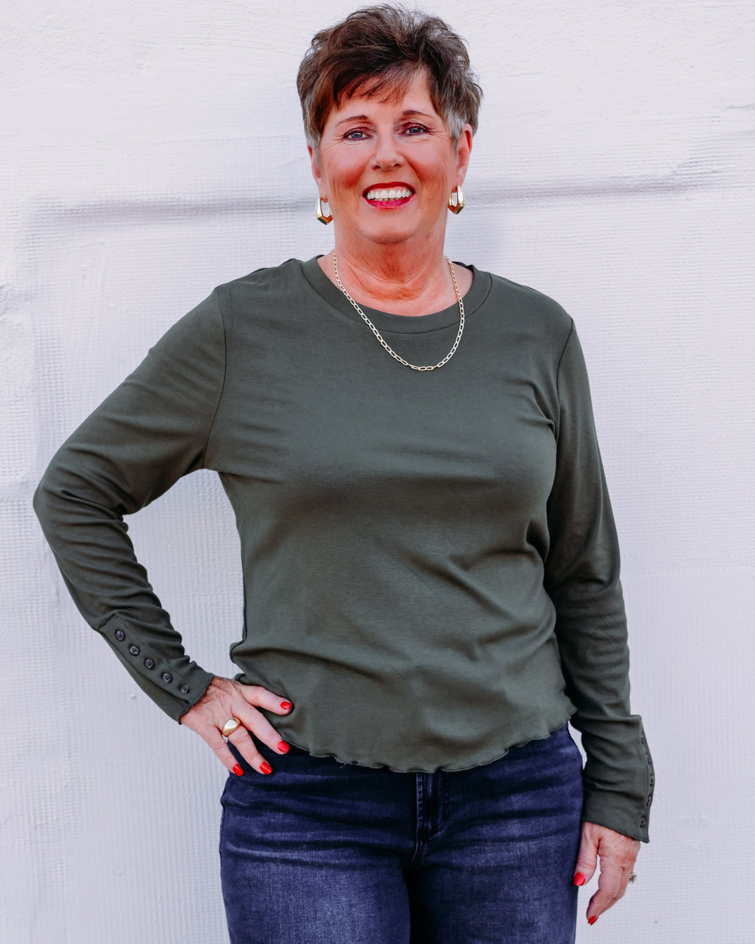 Tribal: L/S Crew Neck Top W/Button Detail in Basil