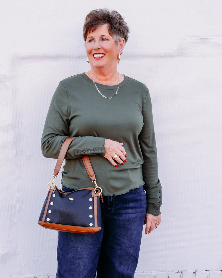 Tribal: L/S Crew Neck Top W/Button Detail in Basil
