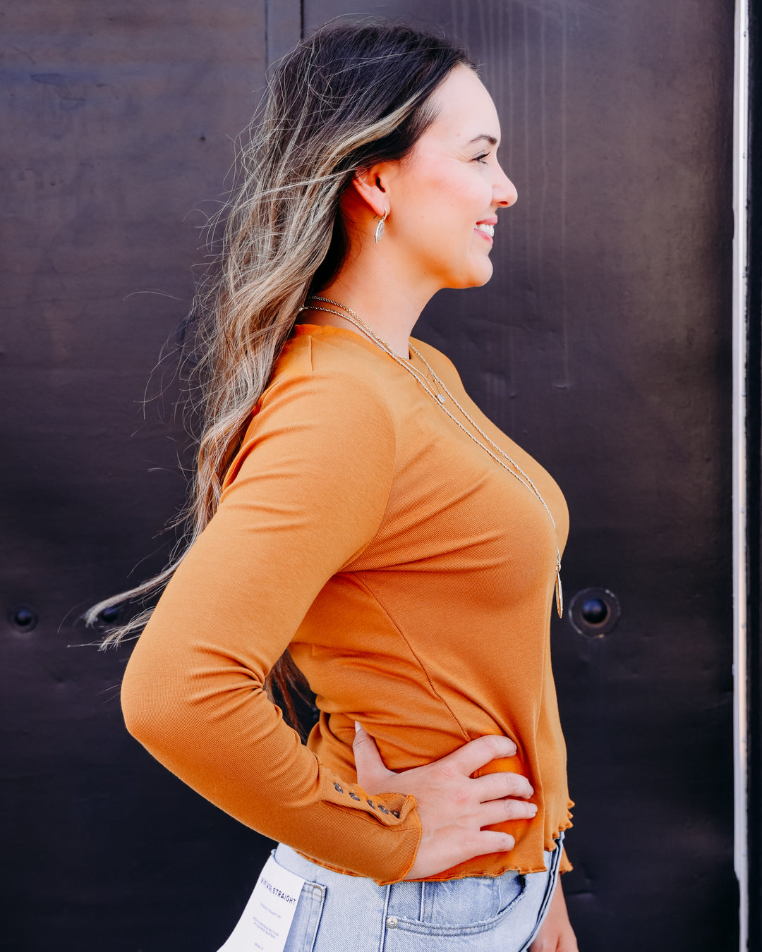 Tribal: L/S Crew Neck Top W/Button Detail in Bronze
