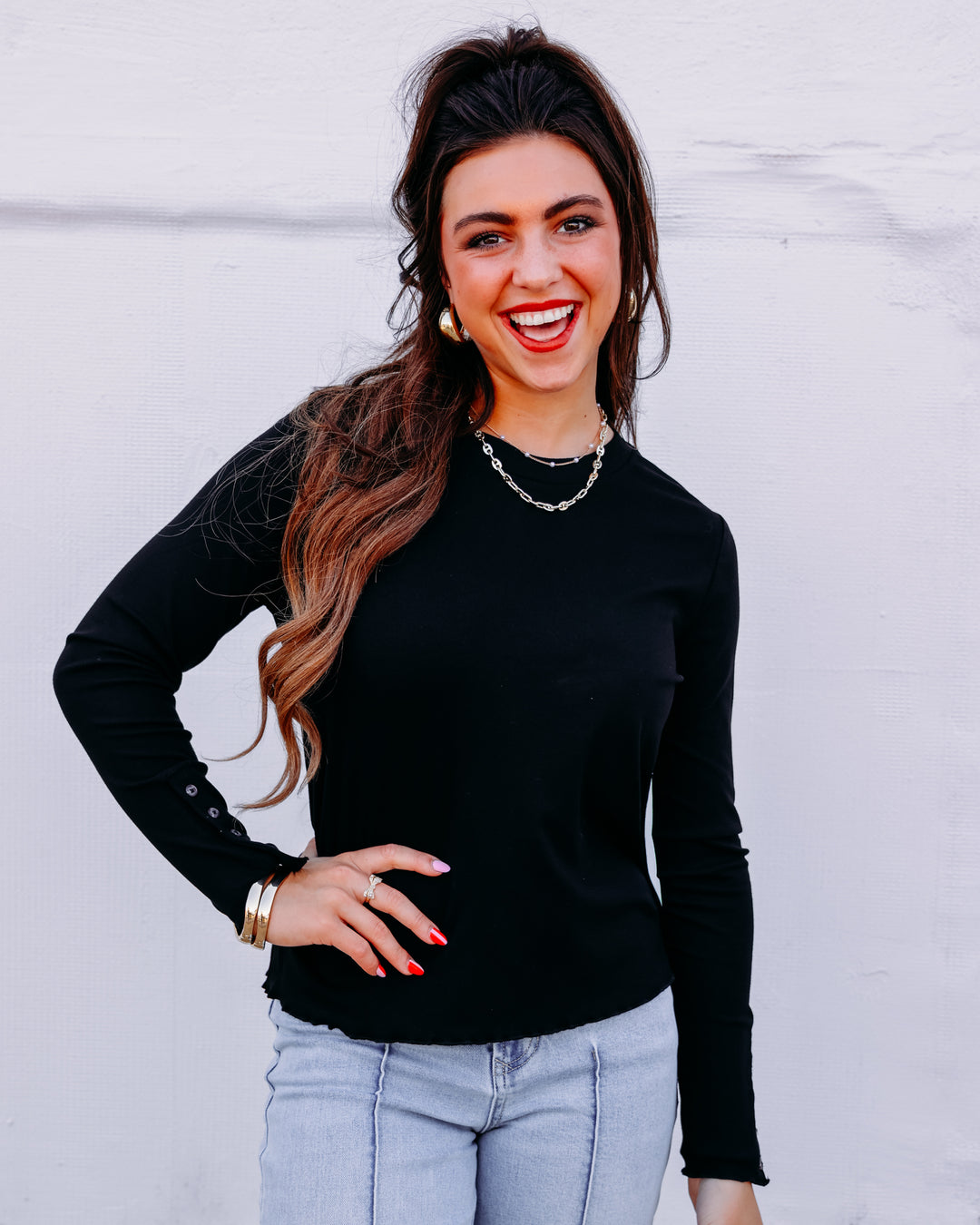 Tribal: Long Sleeve Crew Neck Top W/Button Detail in Black