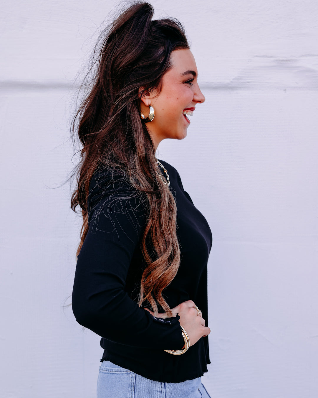 Tribal: Long Sleeve Crew Neck Top W/Button Detail in Black