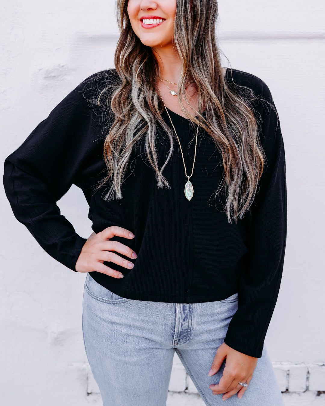 Tribal: Long Sleeve Dolman V-Neck Top in Black (6241O-5607)