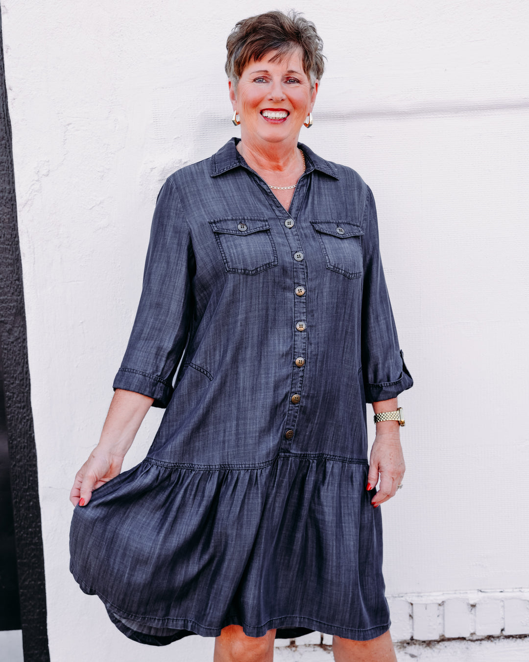 Multiples: Tab 3/4slv Drop Shldr 4-Pkt Btn Frt Flounce Hem Woven Dress in Blkden (M36109DM)