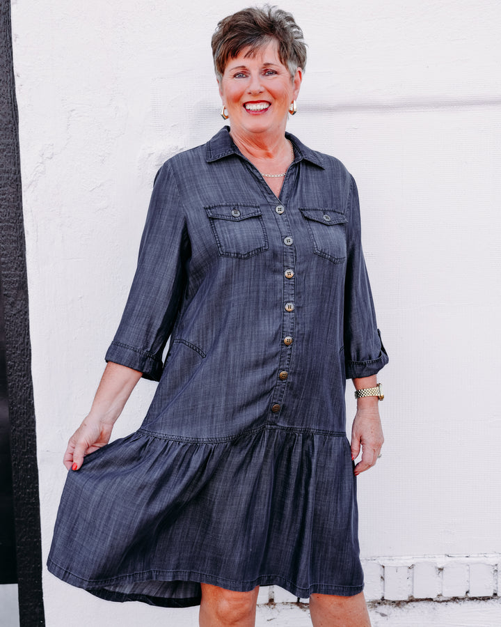 Multiples: Tab 3/4slv Drop Shldr 4-Pkt Btn Frt Flounce Hem Woven Dress in Blkden (M36109DM)