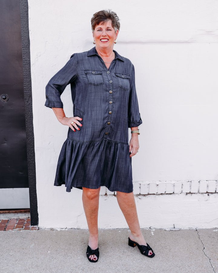 Multiples: Tab 3/4slv Drop Shldr 4-Pkt Btn Frt Flounce Hem Woven Dress in Blkden (M36109DM)