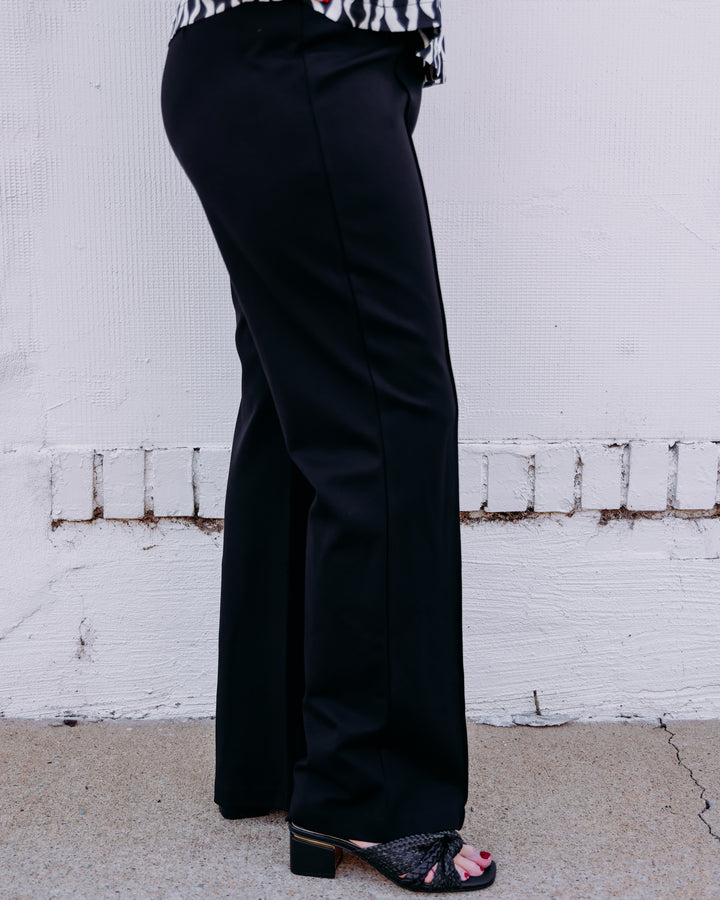 Multiples: Elastic No Waist Pintuck Flare Leg Knit Ankle Pant in Black (M35707PM)