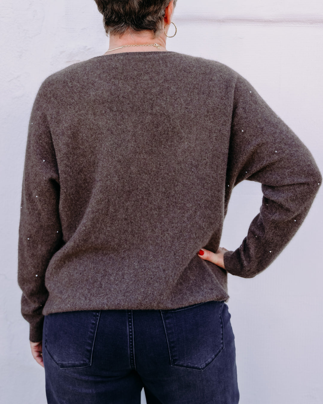 Joseph Ribkoff: Cashmere Boxy Sweater With Rhinestone Detail in Dark Taupe Melange (263940)