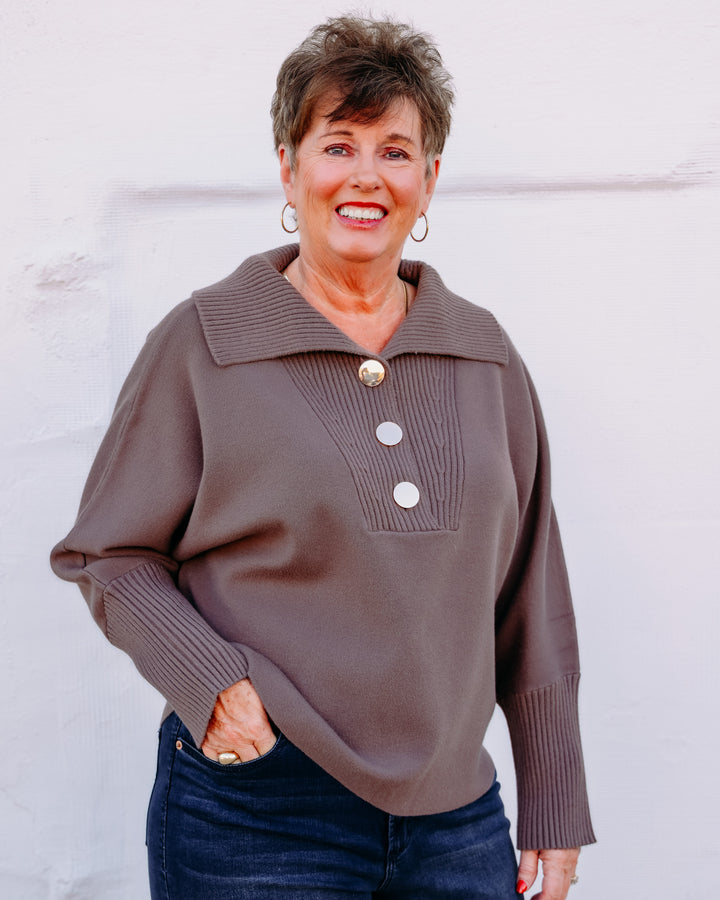 Joseph Ribkoff: Brushed Viscose And Nylon Shawl-Neck Sweater in Mink (263938)