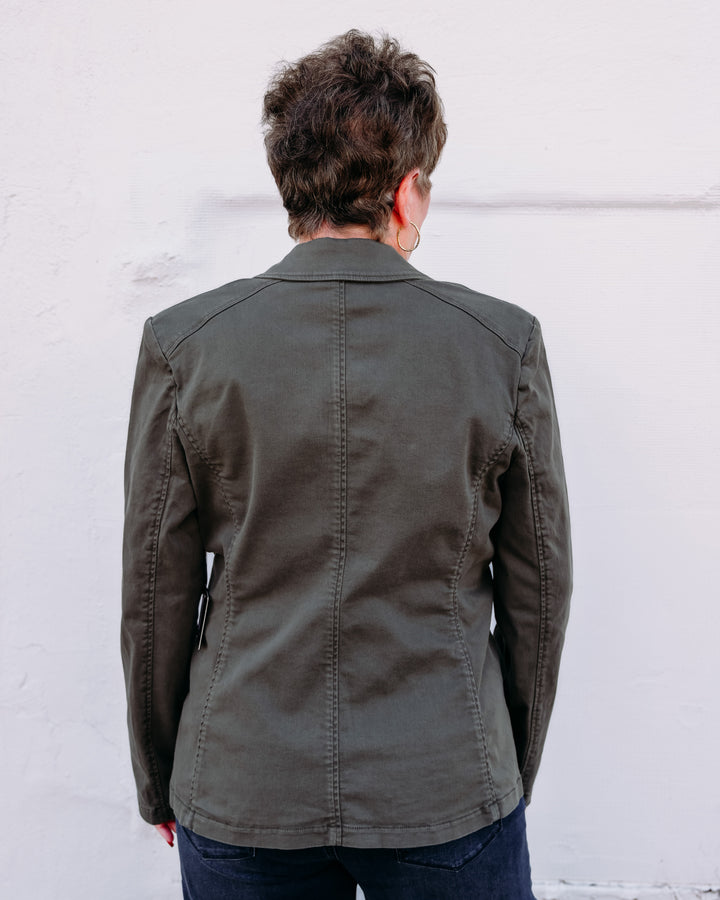 Joseph Ribkoff: Featherweave Denim Double-Breasted Blazer in Avocado (263921)