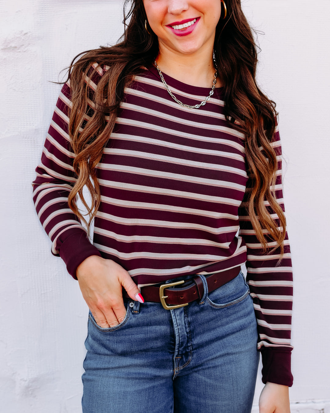 Thread & Supply: Stacy Long Sleeve Top in Maroon Stripe