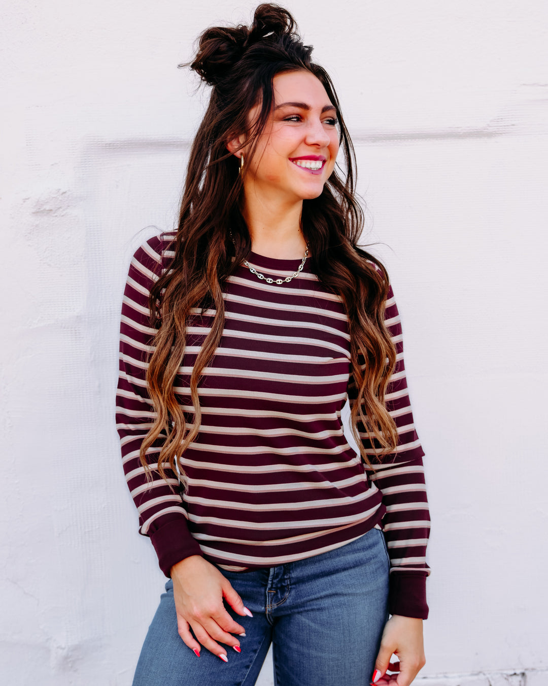 Thread & Supply: Stacy Long Sleeve Top in Maroon Stripe