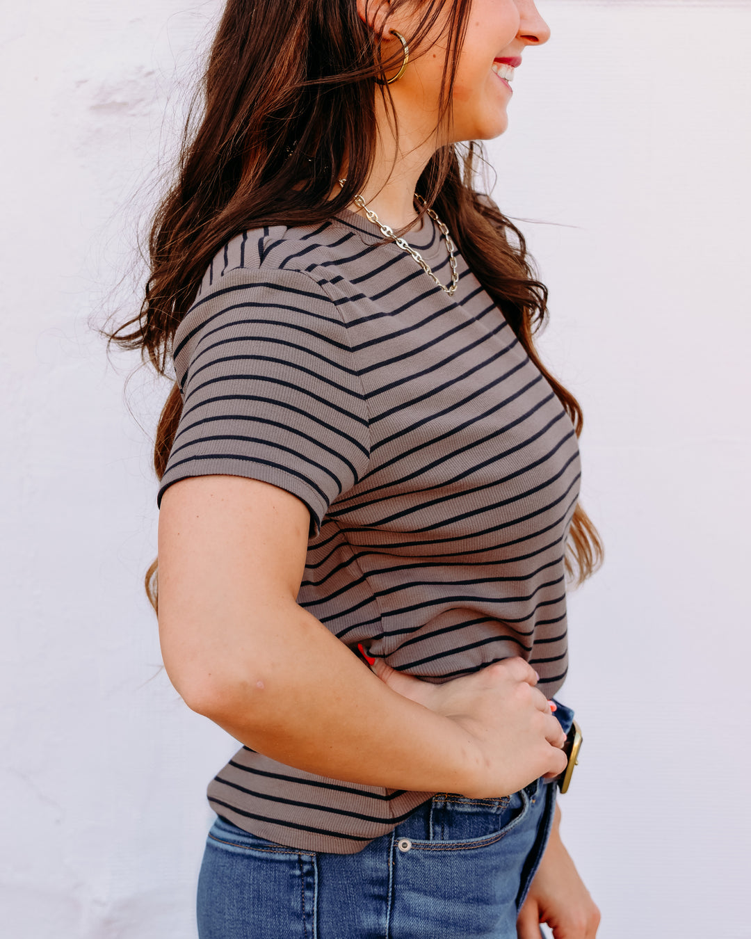 Thread & Supply: Annie Short Sleeve Shirt in Latte Black Stripe