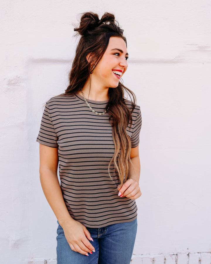 Thread & Supply: Annie Short Sleeve Shirt in Latte Black Stripe