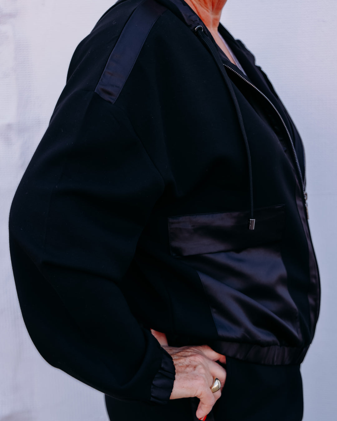 Joseph Ribkoff: Scuba Jersey And Satin Hooded Boxy Jacket in Black (263624)