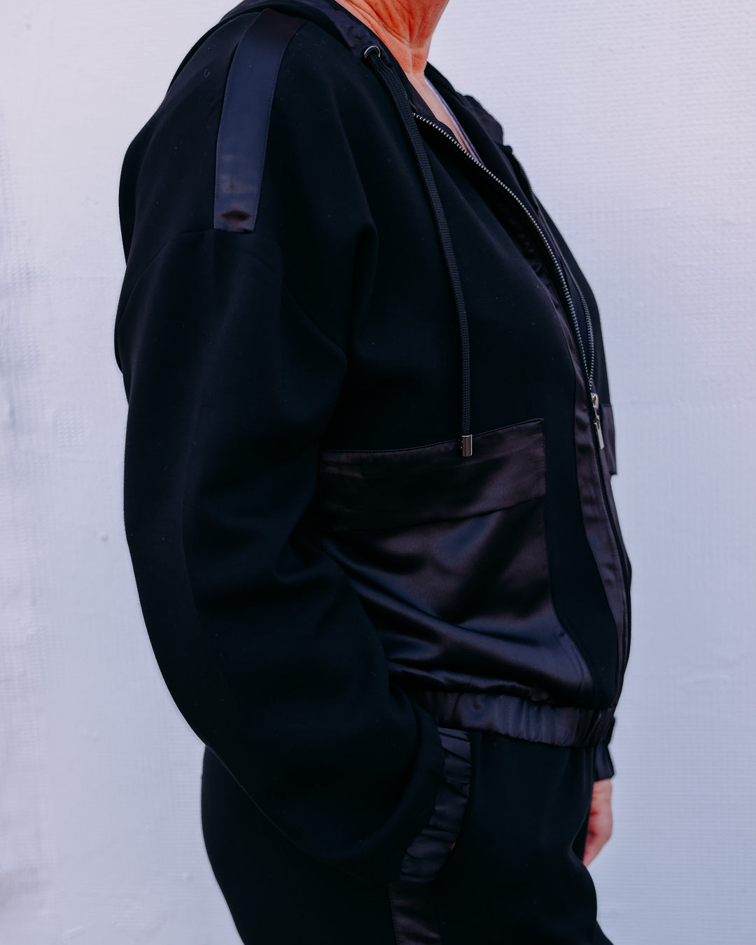 Joseph Ribkoff: Scuba Jersey And Satin Hooded Boxy Jacket in Black (263624)