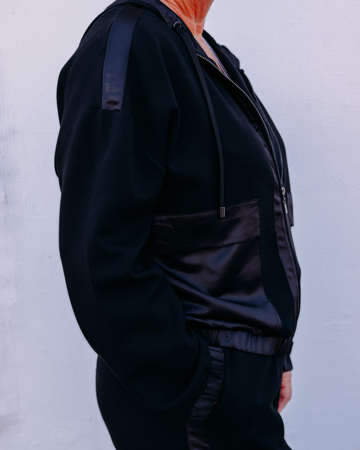 Joseph Ribkoff: Scuba Jersey And Satin Hooded Boxy Jacket in Black (263624)