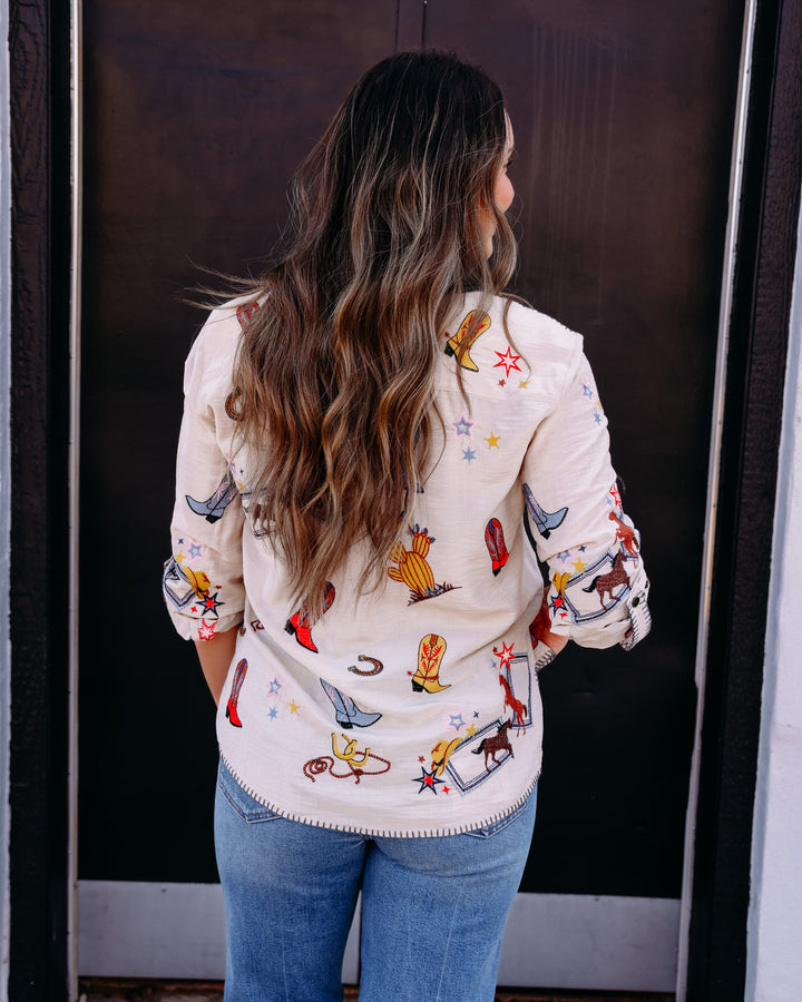 John Mark: Woven Embroidered Long Sleeve Snap Button Front Blouse in Cream (J36744BM)