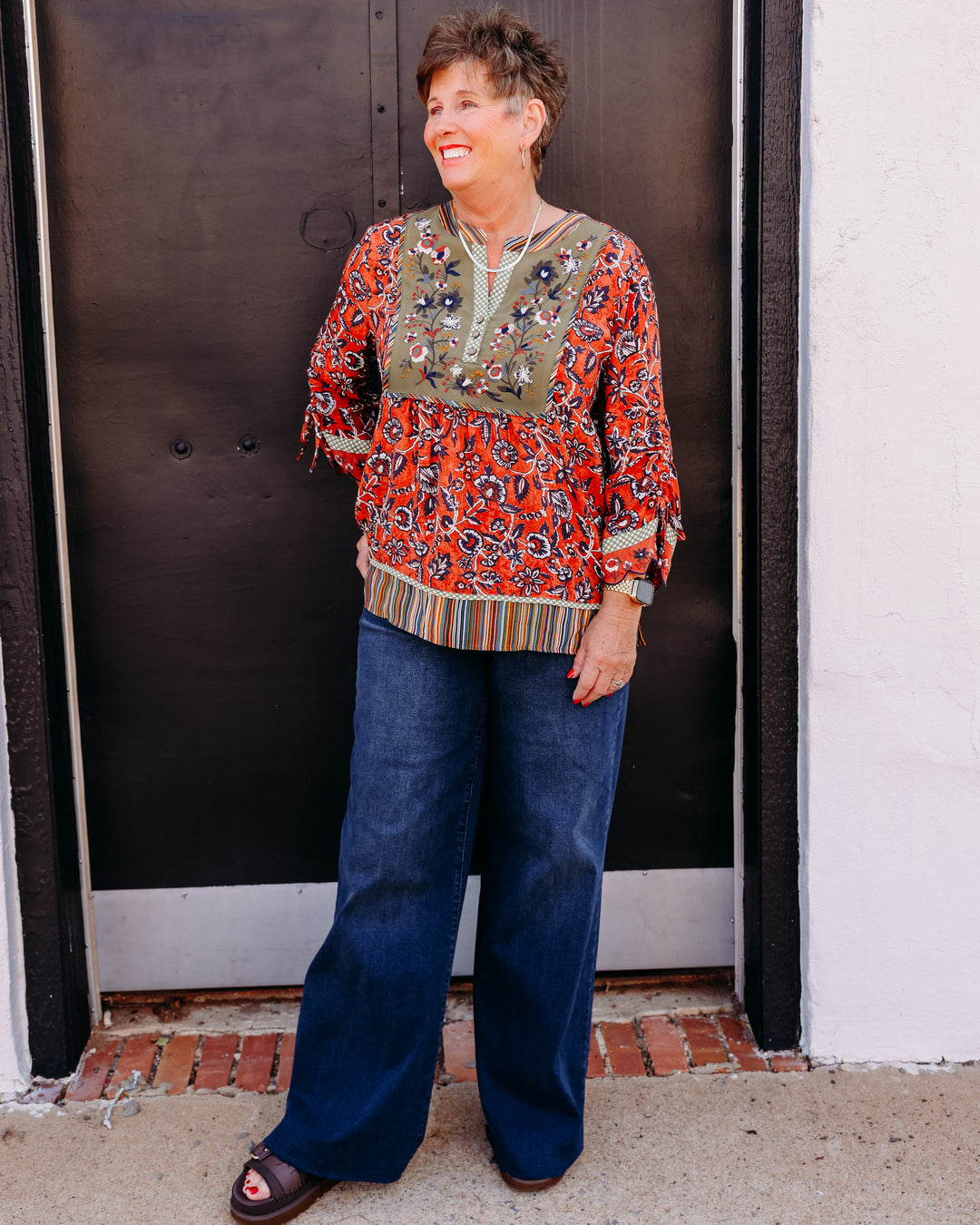 John Mark: Woven Mix Print 3/4 Cinch Sleev Split Neck Tunic Details in Flrmlt (J36835TM)