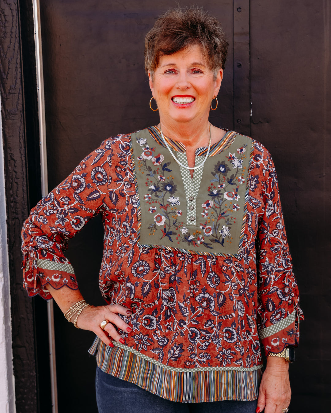 John Mark: Woven Mix Print 3/4 Cinch Sleev Split Neck Tunic Details in Flrmlt (J36835TM)