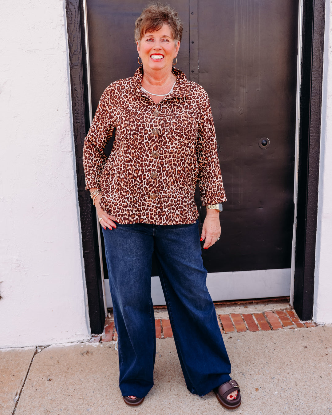 John Mark: Woven Print Button Down Blouse w/ 3/4 Slvs in Cheeta (J66126BM)