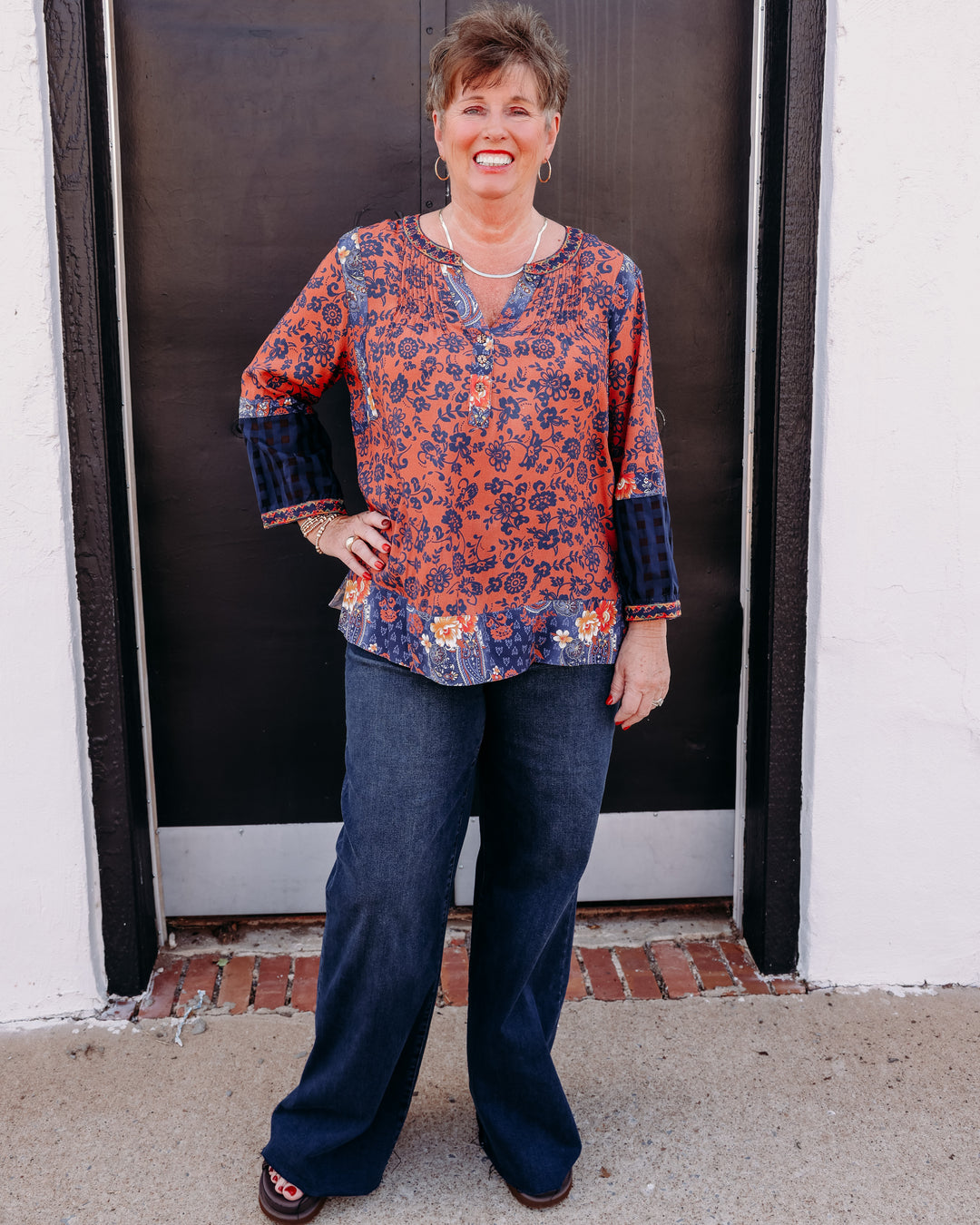 John Mark: Embroidered Neck Peasant Tunic 3/4 Sleeves in Multi (J36847TM)