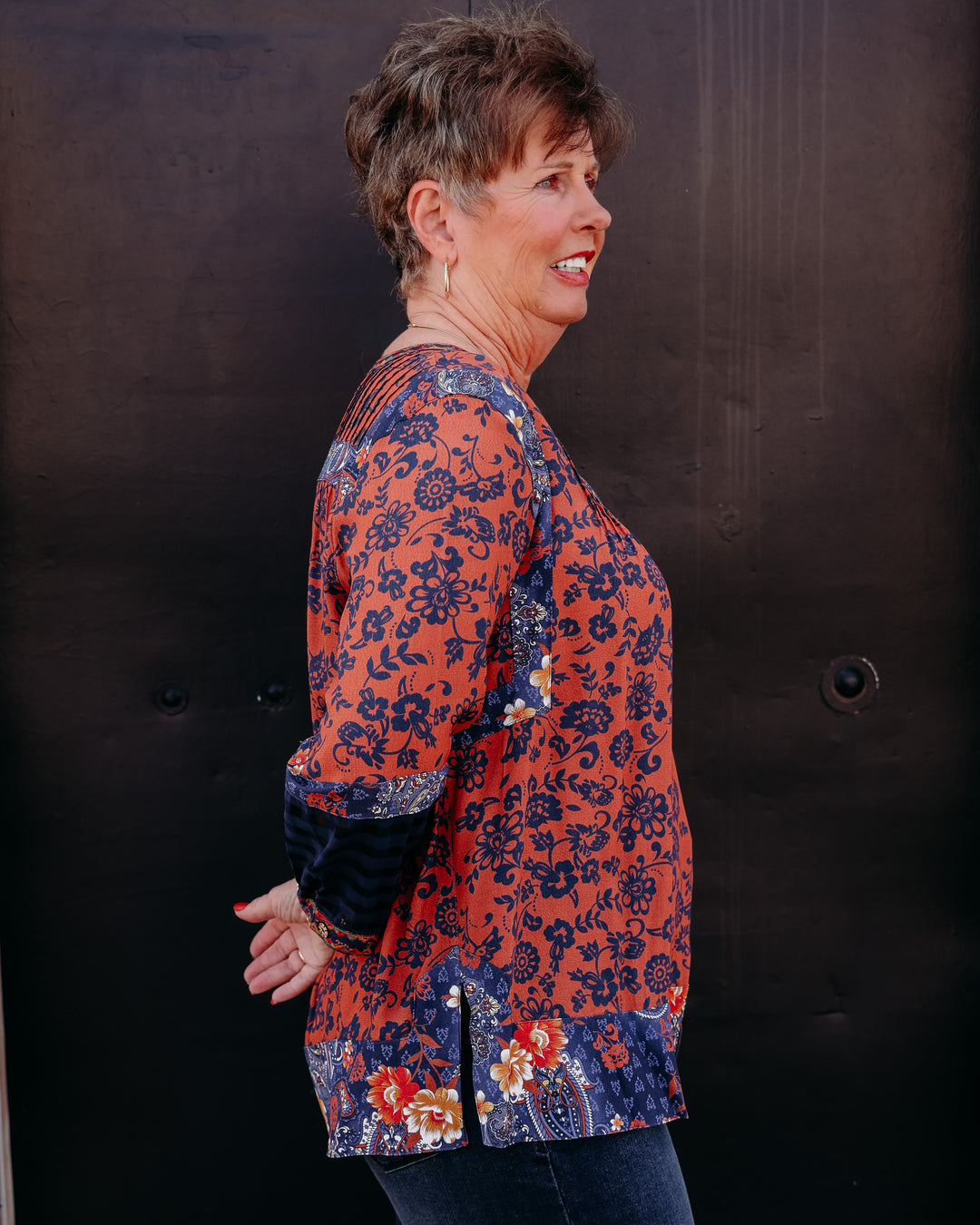 John Mark: Embroidered Neck Peasant Tunic 3/4 Sleeves in Multi (J36847TM)
