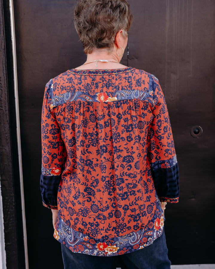 John Mark: Embroidered Neck Peasant Tunic 3/4 Sleeves in Multi (J36847TM)