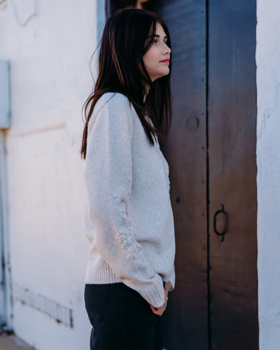 Karen Kane: Hand Embroidered Sweater in Light Oatmeal (4L89207)