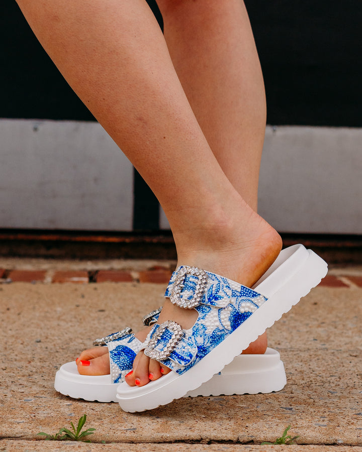 Betsey Johnson: SB-Matie Sandal in White/Blue Floral
