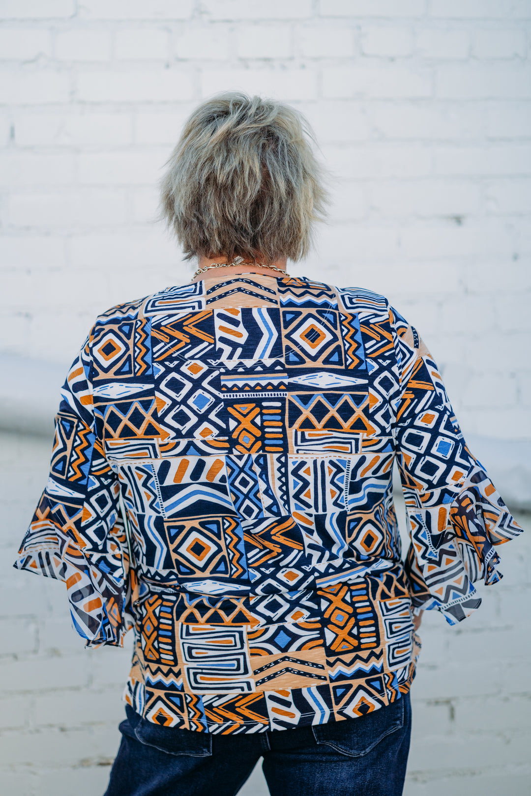Multiples: 3/4 Flounce Sleeve Scoop Neck Top in PATMLT M15111TM