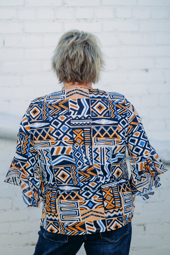 Multiples: 3/4 Flounce Sleeve Scoop Neck Top in PATMLT M15111TM