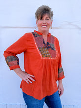 Load image into Gallery viewer, Tru Luxe: Patch Yoke and Sleeve V-Neck Top in Spice
