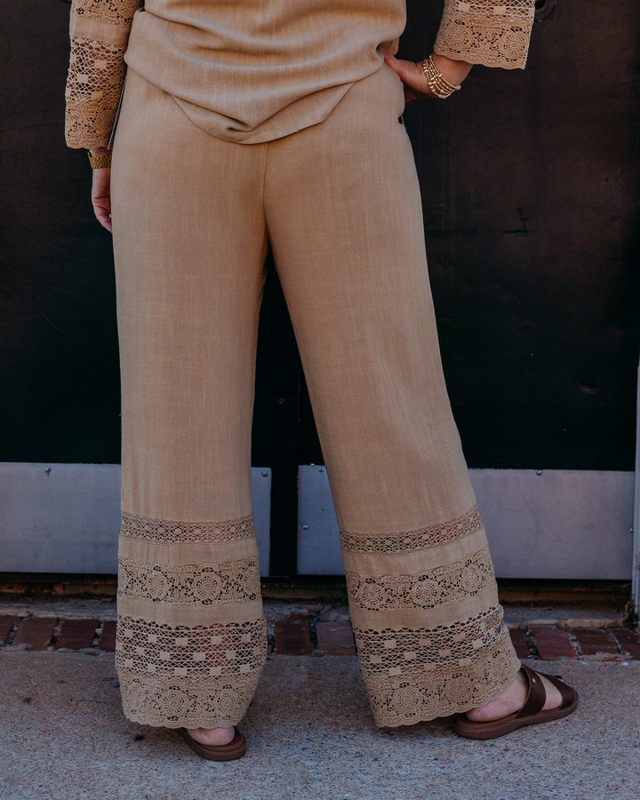 Multiples: Drawstring Elastic Waist P/O 2-Pkt Crop Pant W/Lace Trim in Khaki (M26410PM)