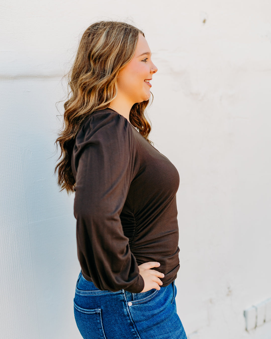 Karen Kane: Shirred V-Neck Top in Brown