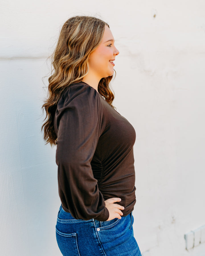 Karen Kane: Shirred V-Neck Top in Brown