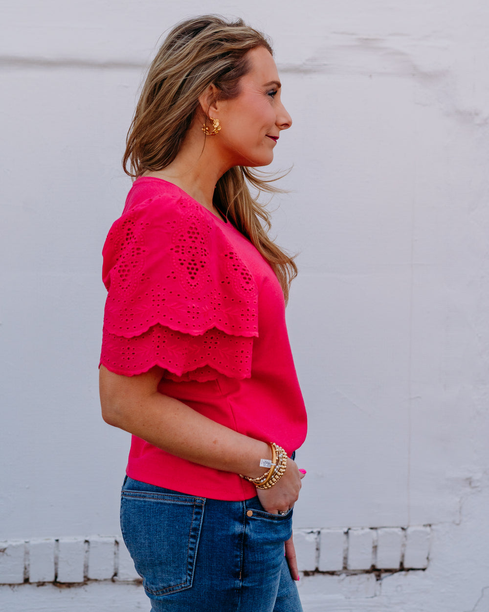 Liverpool: Short Sleeve Knit-To-Woven Top W/ Emb in Diva Pink - The Vogue Boutique