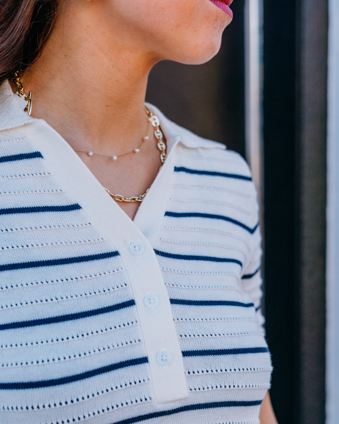Varley: Wren Knit Polo in White / Blue Nights (VAR03116) - The Vogue Boutique