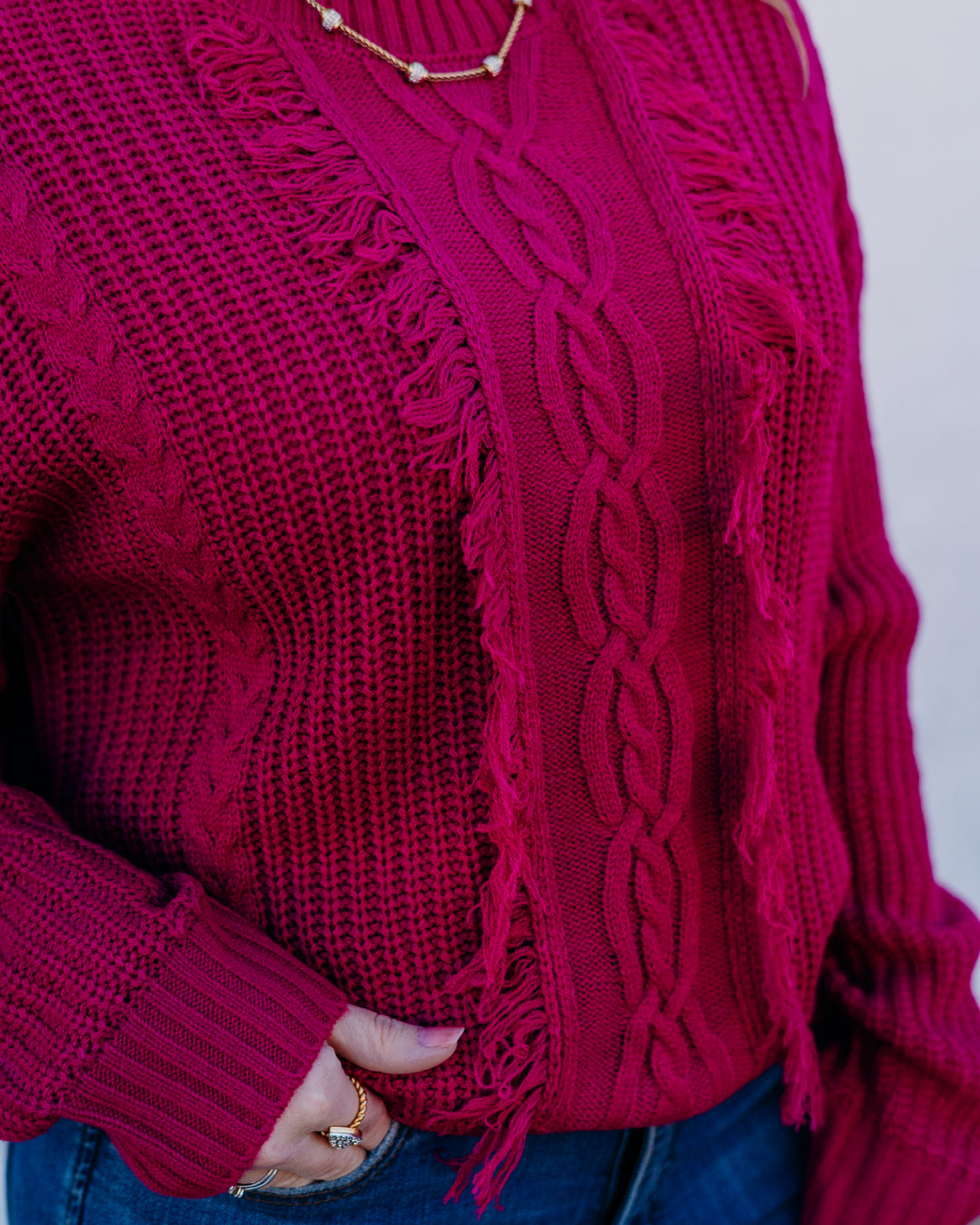 Liverpool: Long Sleeve Mock Neck Sweater with Fringe in Deep Raspberry
