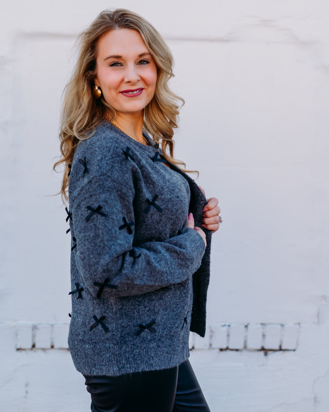 A La Carte: Cardigan with Bows in Charcoal (L35411KM)