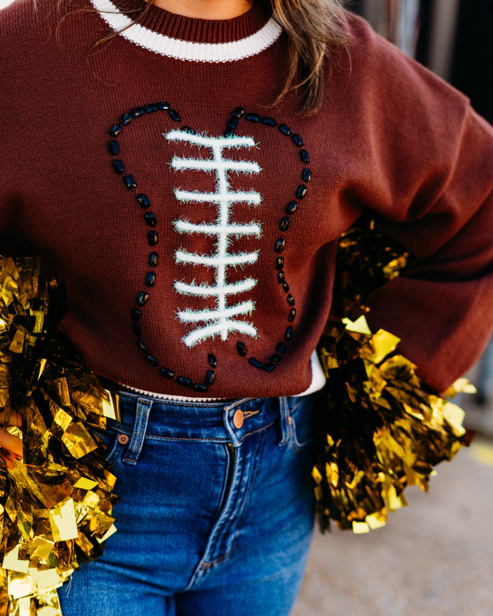 Queen Of Sparkles: Football Sweater in Brown