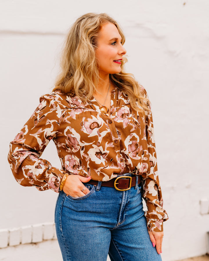 Kut: Isley Long Sleeve Shirt With Neck Ruffles in Mocha and Mauve