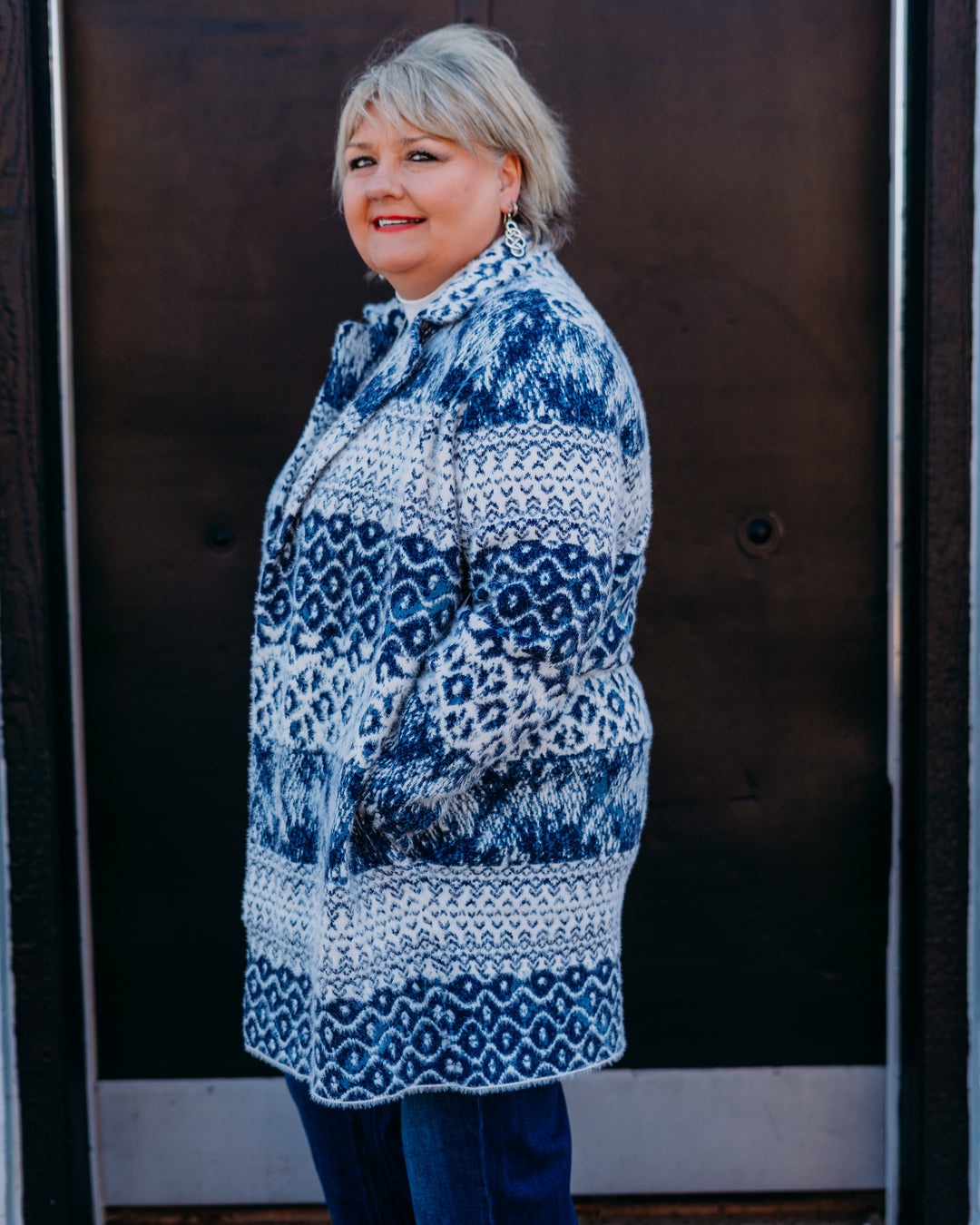 Liverpool: Long Sleeve Open Front Sweater Coat in Navy Mix
