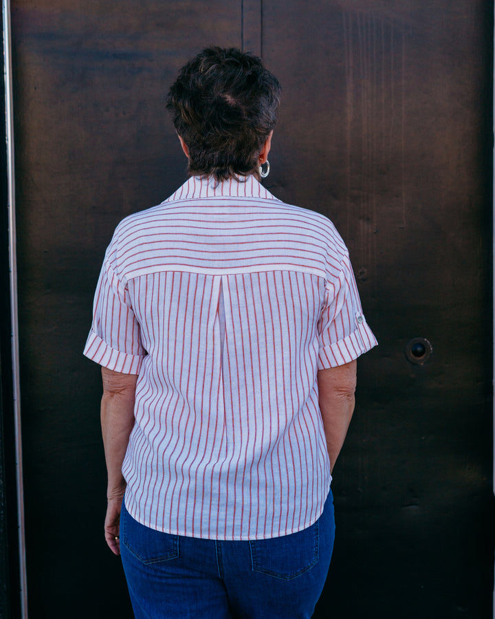 Multiples: Tab Cuff S/S 2-Pkt Johnny Collar Y-Nk Btn Frt Shirt in International Orange (M26501BM) - The Vogue Boutique