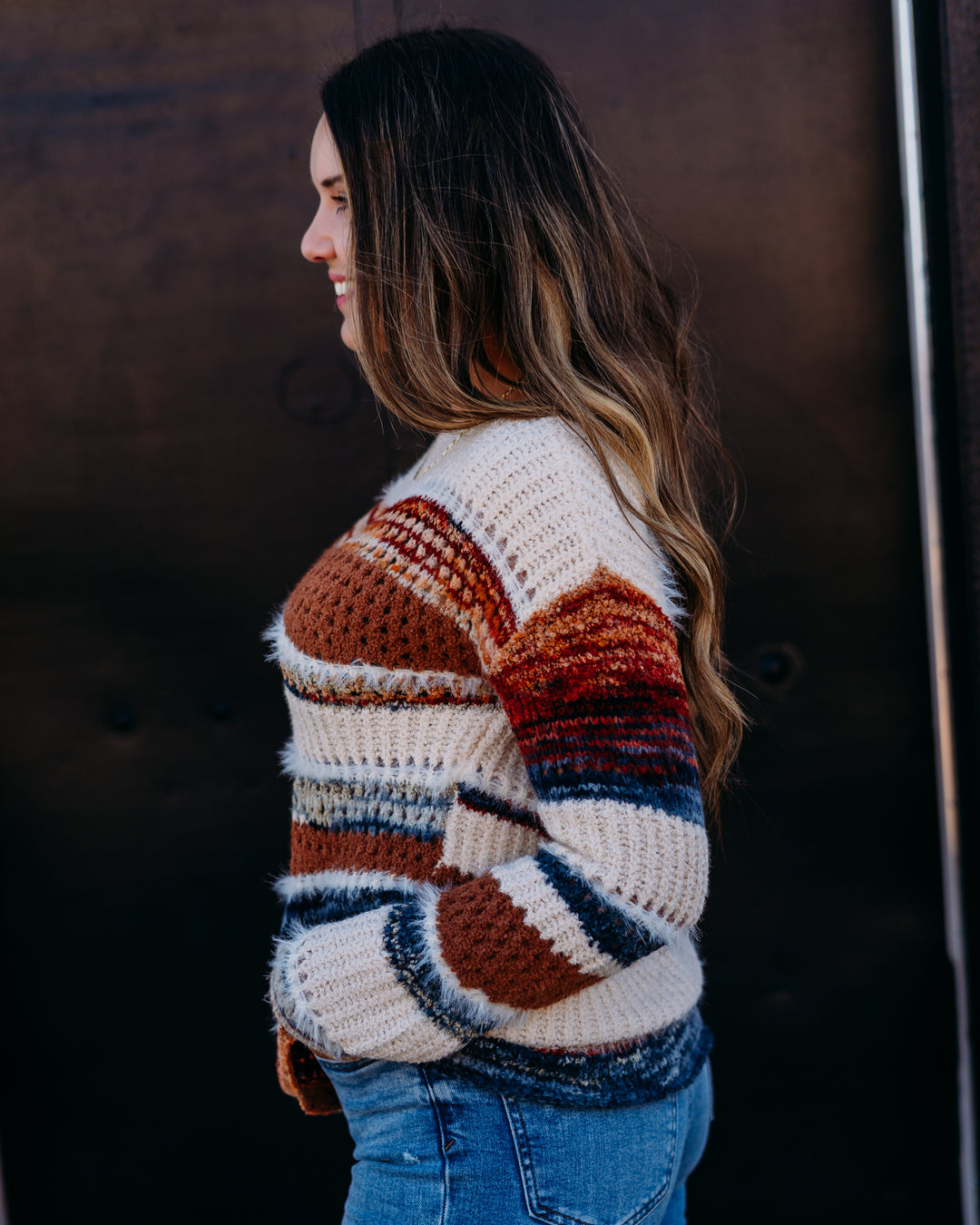 Charlie B: Patchwork Knit Drop Shoulder Sweater in Sepia