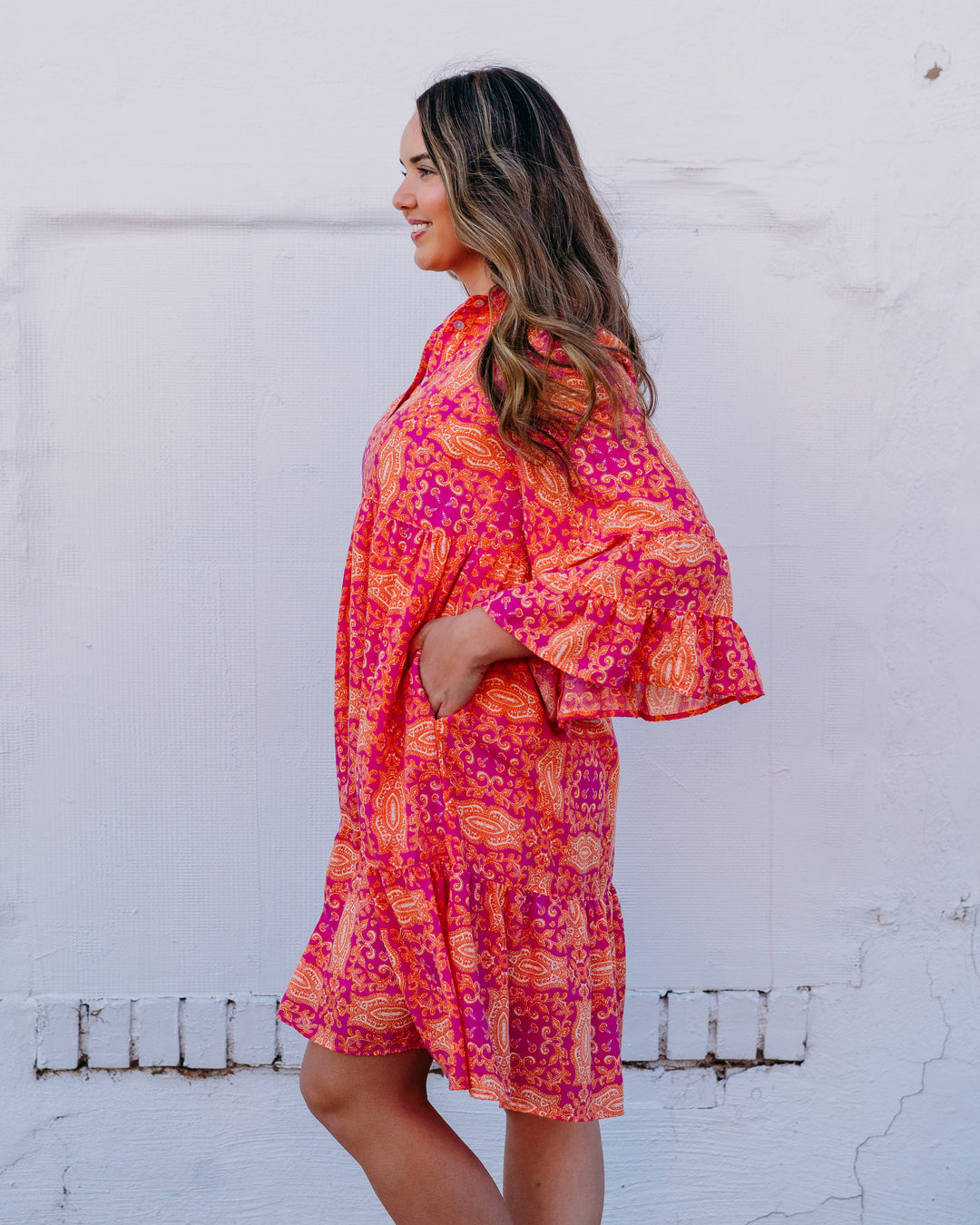 Uncle Frank: Tiered Sleeve Dress in Fuchsia (74659) - The Vogue Boutique