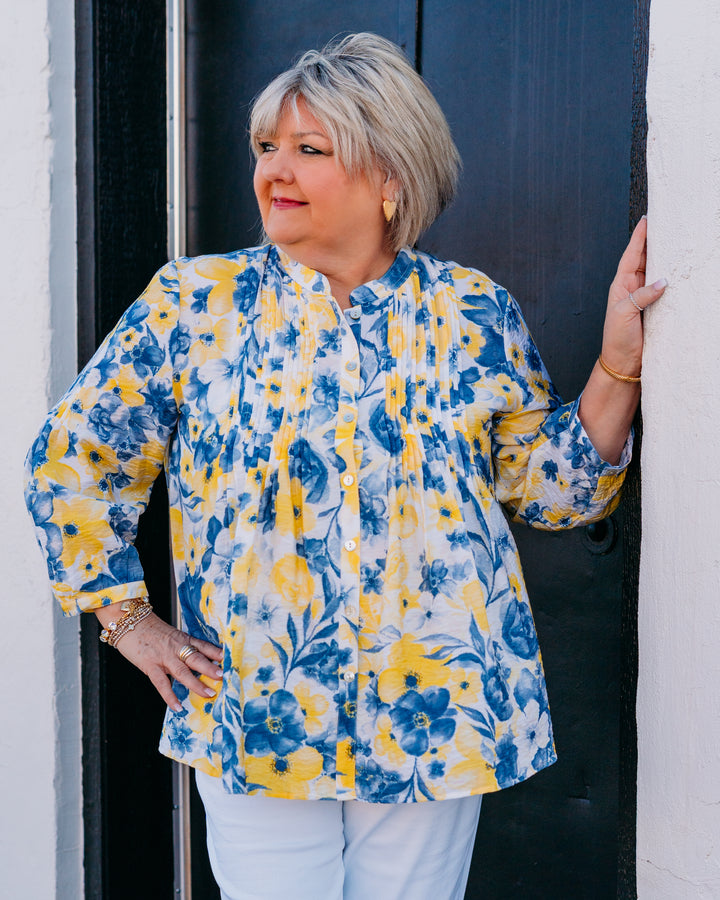 Multiples: Bttn Cuff 3/4 Slv Band Collar Bttn Frt Multi-Tuck Shirt in Multi (M16511BM)