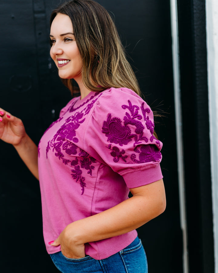 Ivy Jane: Short Sleeve Embroidered Sweatshirt in Plum (691009)