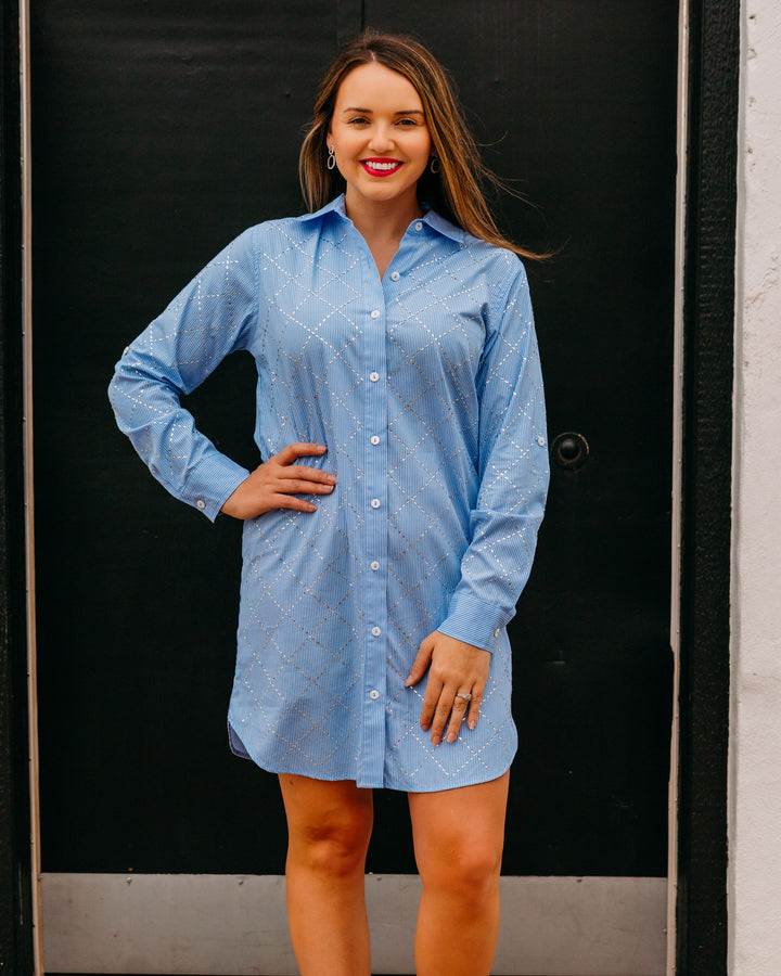 Karen Kane: Stripe Embellished Shirtdress in Blue W/Off White (1L70302)