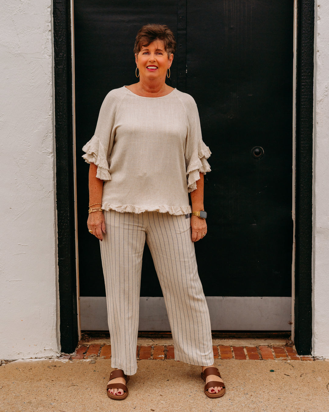 Multiples: Double Flounce Raglan Elbow Sleeve Scoop Neck Fringe Hem Top in Flax (M26720TM) - The Vogue Boutique
